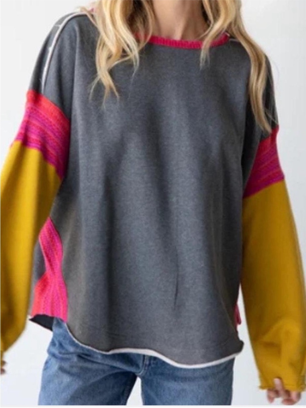 NATURAL LIFE Women's L/xl boxy Fit Color Block Sweatshirt Mixed Media